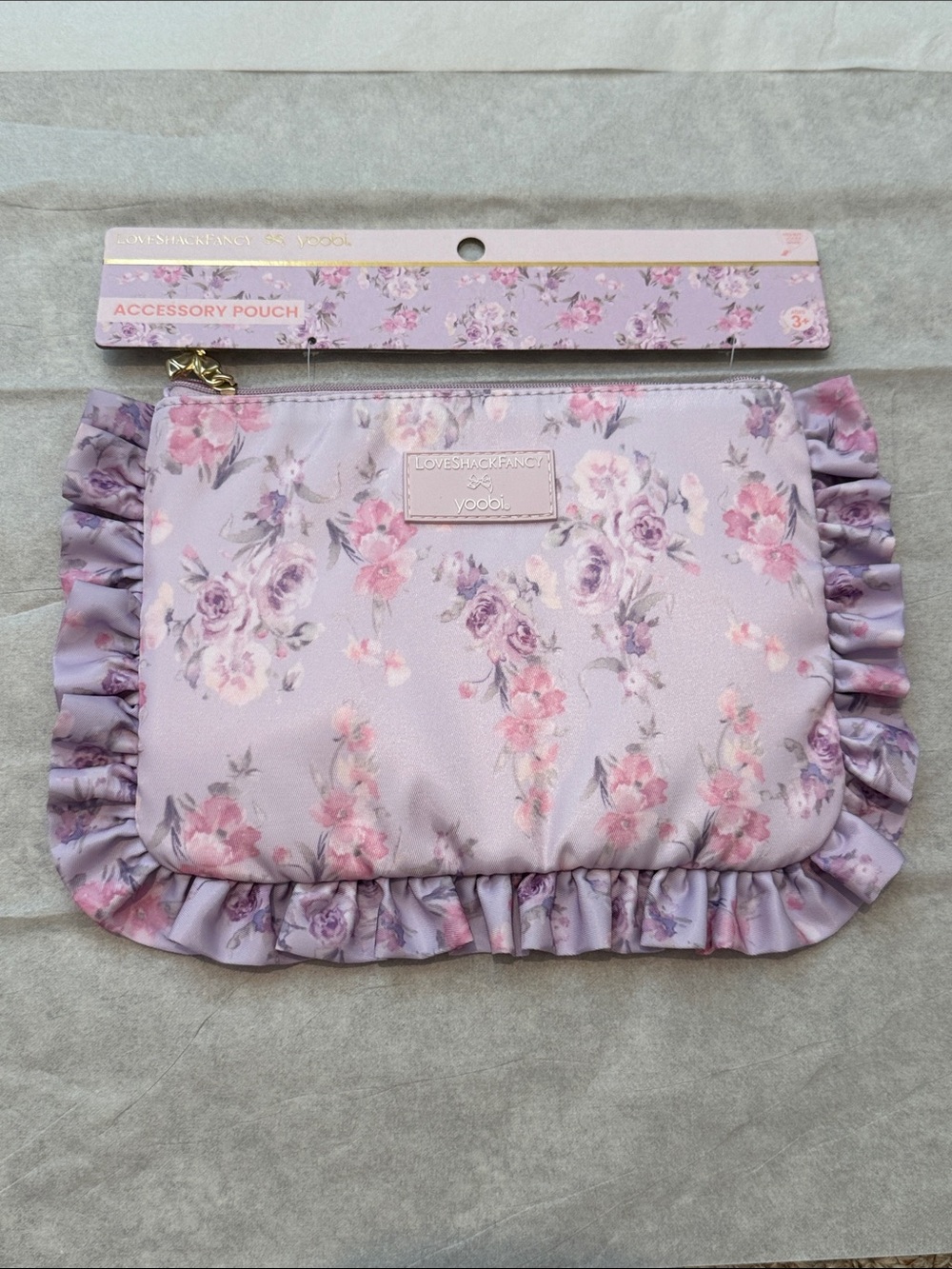 Love Shack Fancy Yoobi Lavender Floral Ruffle Accessory Pouch